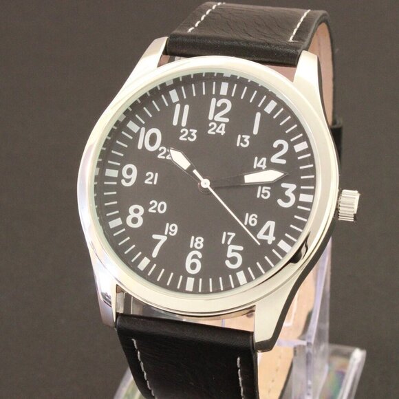 Men's Quartz Field Watch Silver Case Black Leather Strap 42mm - Picture 7 of 12